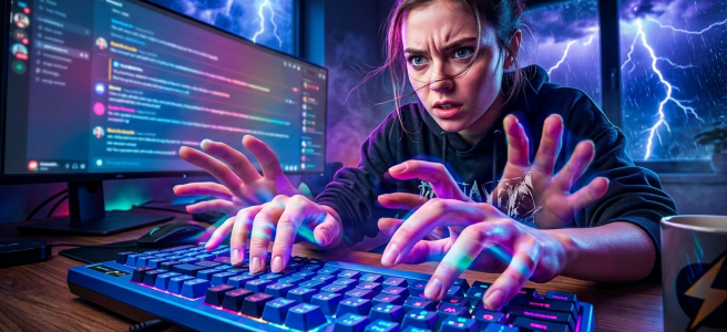 Person intensely typing on backlit keyboard with multiple code-filled monitors and lightning storm outside windows
