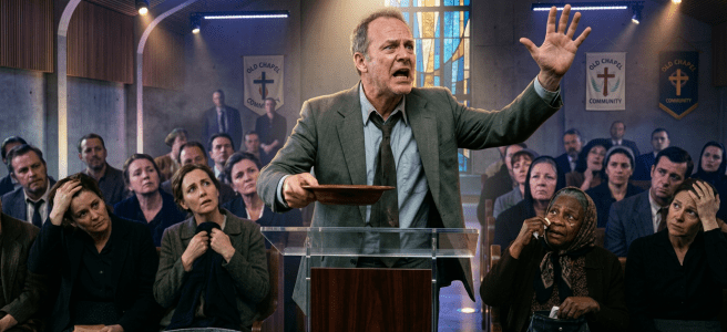 Man in gray suit speaking passionately at church pulpit with emotional congregation