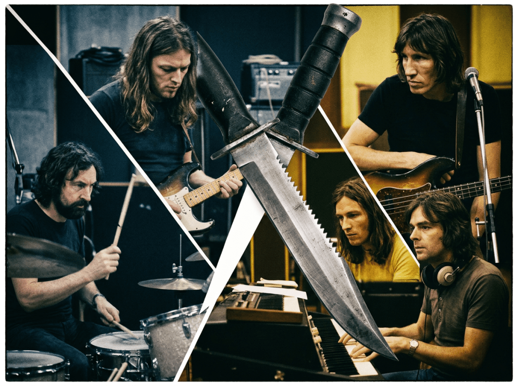 Musicians playing guitar, bass, drums, and keyboard around a large sword