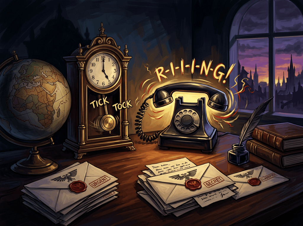 Vintage phone ringing beside clock, globe, and envelopes labeled URGENT, SECRET, CLASSIFIED; text reads RING! and TICK TOCK