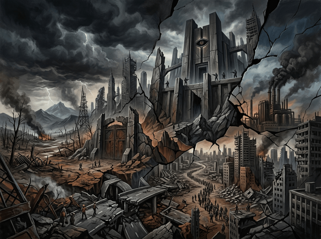 Ruined city beneath storm clouds with fortress, soldiers, and smoking factories